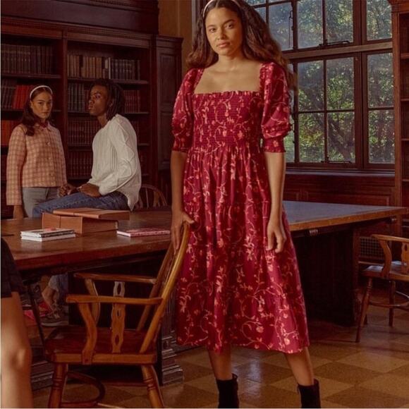 Hill House The Nesli Nap Smocked Dress Burgundy Botanical Floral Womens Size XS - Picture 3 of 9